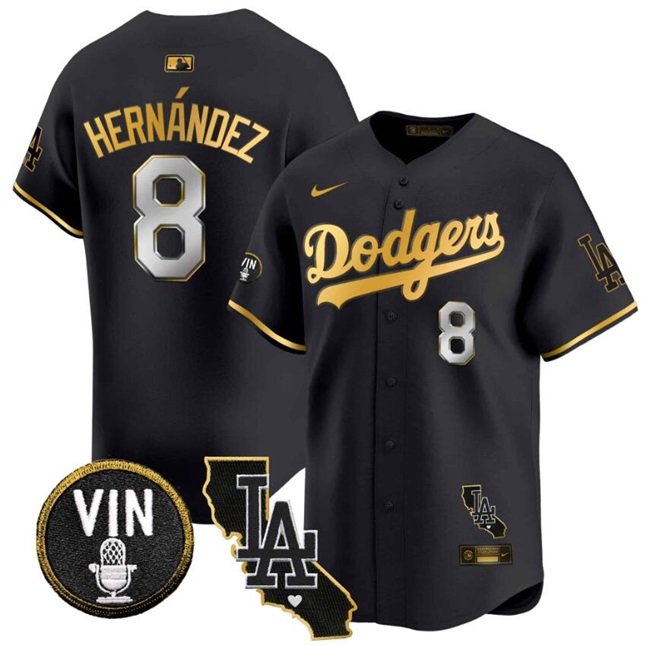 Men's Los Angeles Dodgers #8 Enrique Hernández Black/Gold Vin & California Patch Vapor Premier Limited Stitched Baseball Jersey